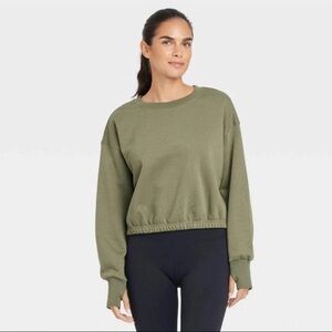 Women's Fleece Cropped Crewneck Pullover Sweatshirt Olive
Green Size XL